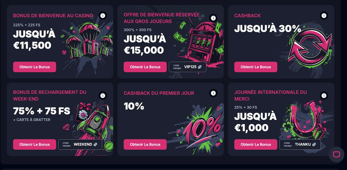 Page des promotions Betsio Casino affichant bonus de bienvenue, cashback, bonus VIP et offres spéciales actives