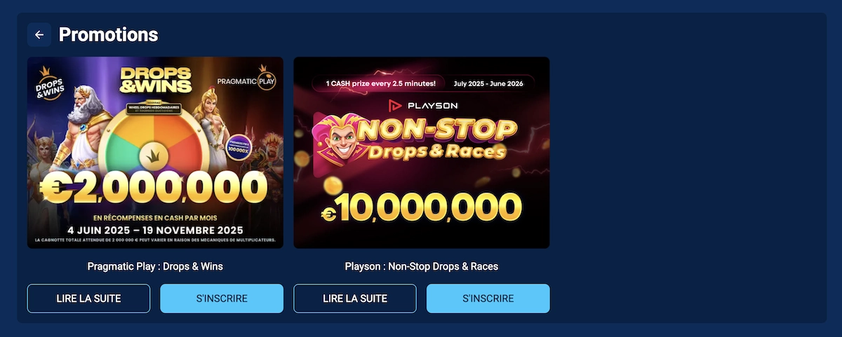 Page promotions de Maxwin Casino avec banni&egrave;res Drops & Wins et tournoi Playson affichant gains en millions