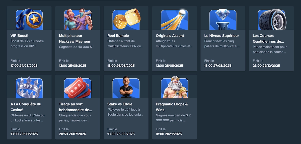 Aper&ccedil;u des promotions en cours sur Stake incluant VIP Boost, Multiplicateur Hacksaw Mayhem et Pragmatic Drops & Wins
