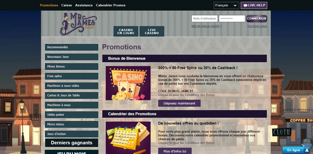 listes des promotions et bonus en cours sur le casino Mr James