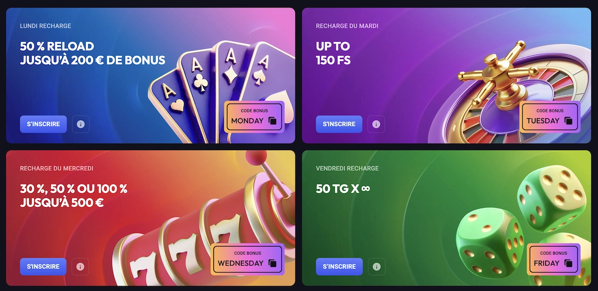 Promotions hebdomadaires sur Spin Aura Casino incluant les recharges du lundi, mardi, mercredi et vendredi