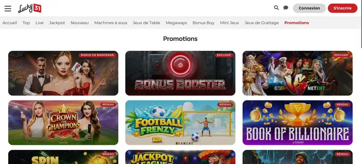page des promotions du casino en ligne Lucky31 avec les bonus et tournois disponibles