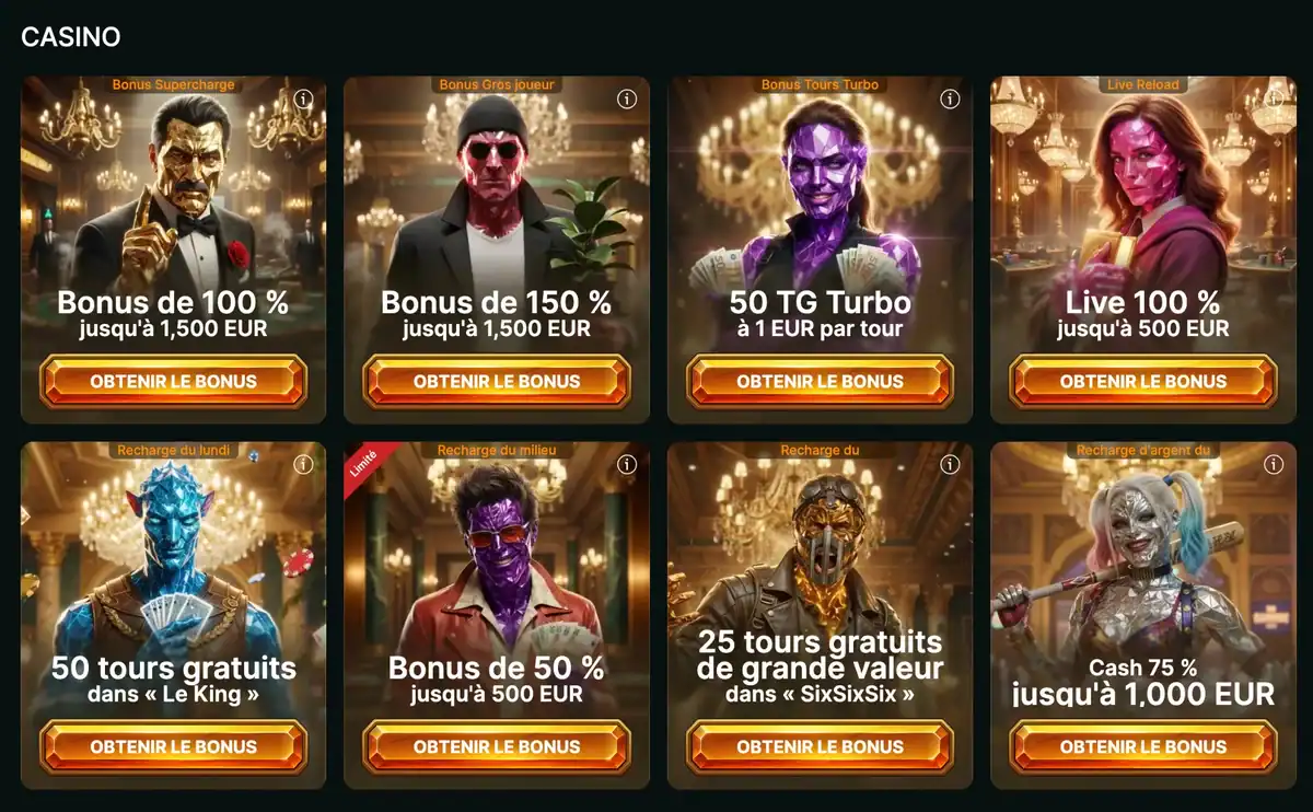 Page des promotions de LuckyGem Casino avec 8 offres disponibles dont un bonus de 100 % jusqu'à 1 500 euros et 50 tours gratuits.