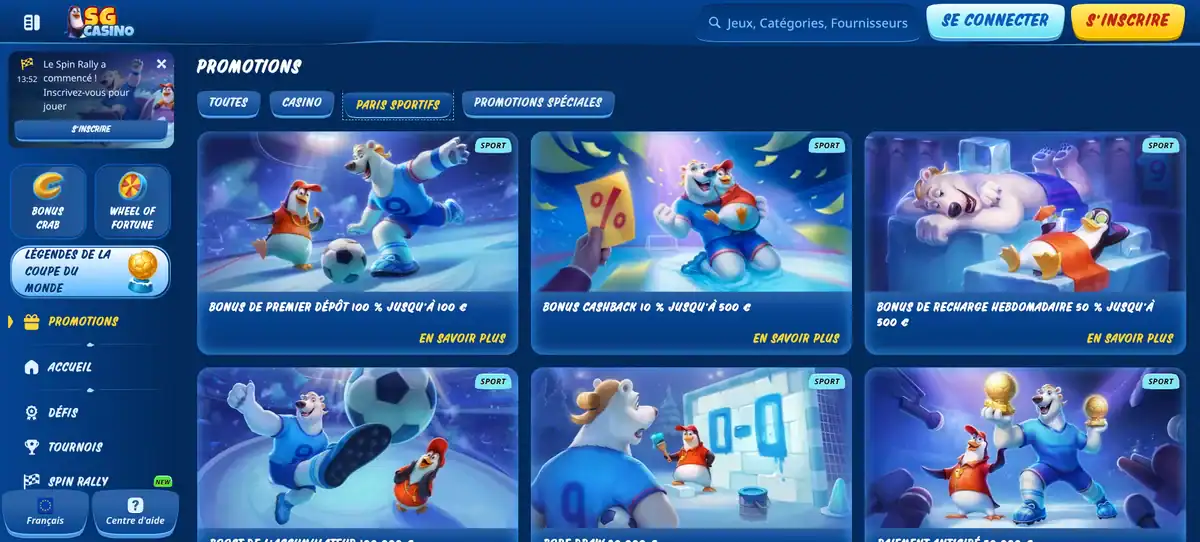 Capture des promotions de paris sportifs de SG Casino avec les bonus de premier dépôt, de cashback et de recharge hebdomadaire.