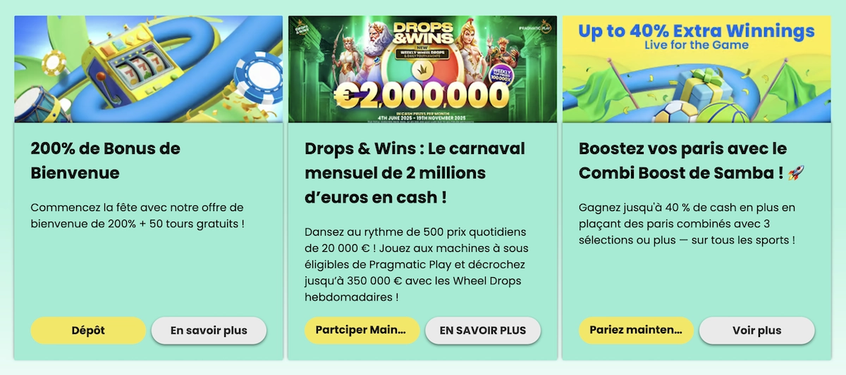 les promotions et bonus en cours sur Sambaslots