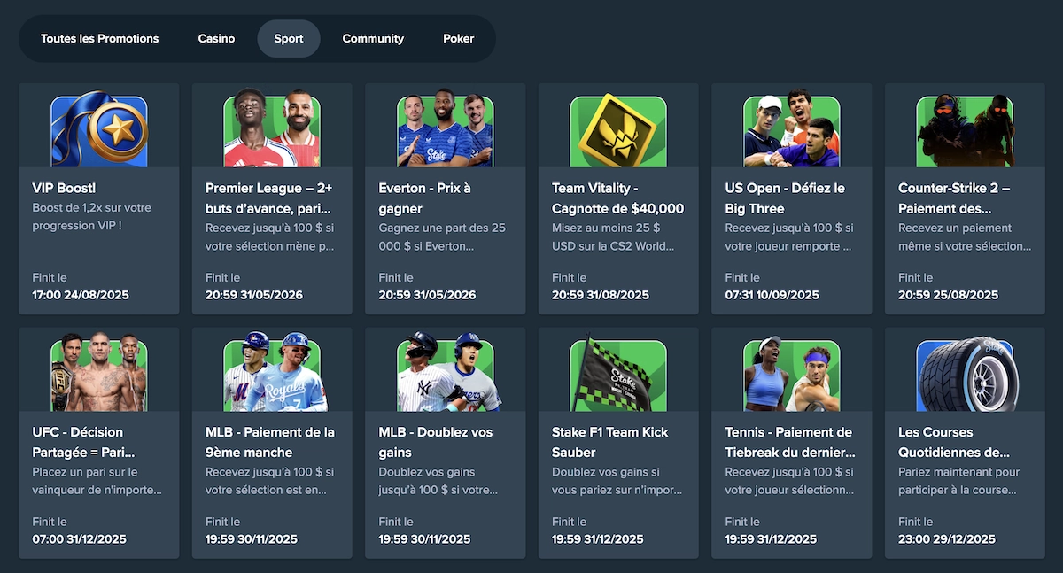 Page des promotions sportives sur Stake avec bonus Premier League, UFC, US Open, MLB et autres comp&eacute;titions