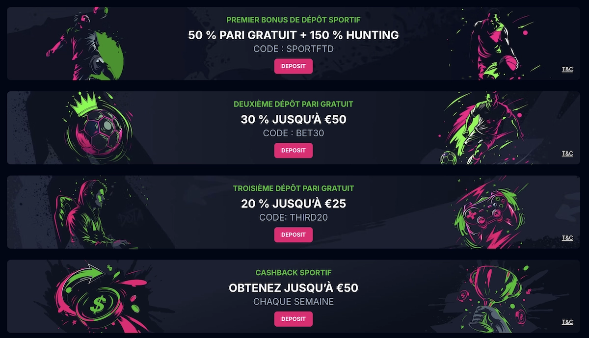 Page des promotions sportives Betsio Casino avec bonus de dépôt, paris gratuits et cashback hebdomadaire