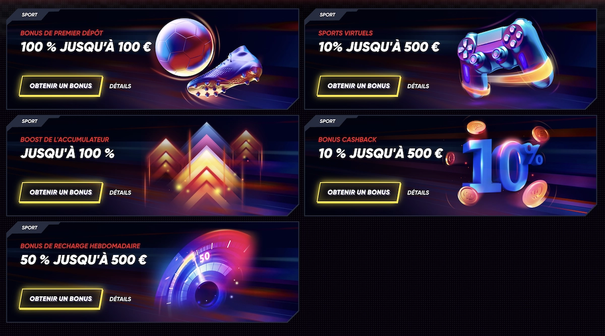 Promotions sportives Quickwin Casino avec bonus de d&eacute;p&ocirc;t, cashback et boost de cotes affich&eacute;s