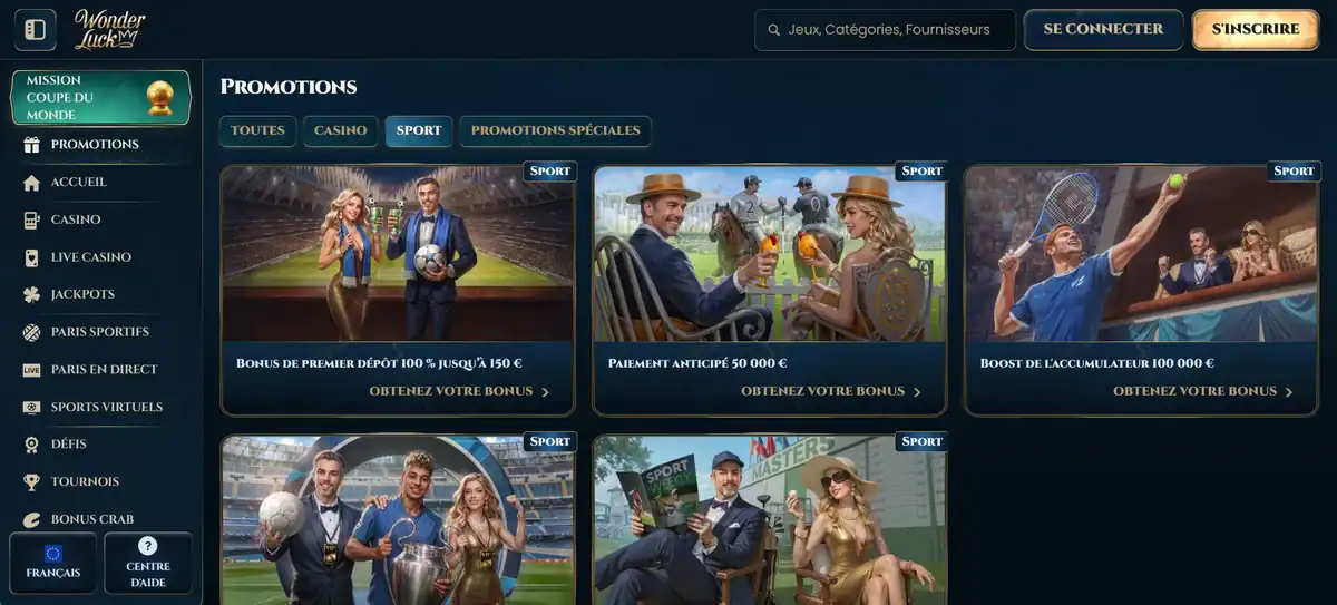 Promotions sportives sur Wonderluck Casino avec bonus de premier dépôt, paiement anticipé et boost de l’accumulateur