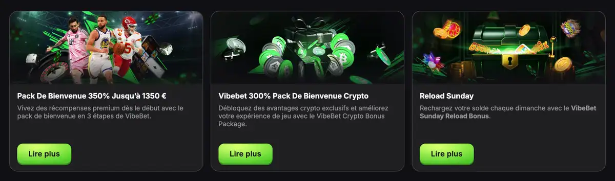 Page promotions de Vibebet Casino avec le pack de bienvenue à 1 350 €, le pack crypto à 600 € et le bonus Reload Sunday.