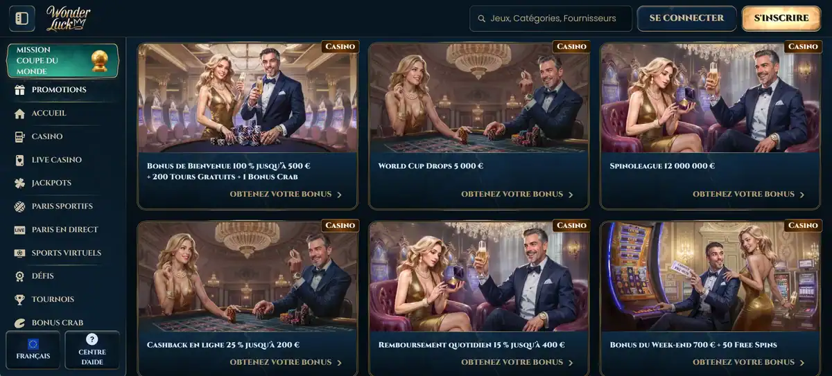 Page des promotions Wonderluck Casino avec bonus de bienvenue, cashback, World Cup Drops et bonus du weekend