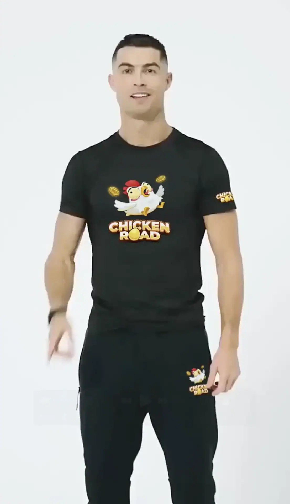 Fausse publicité deepfake de Cristiano Ronaldo portant un t-shirt Chicken Road, un jeu de casino en ligne