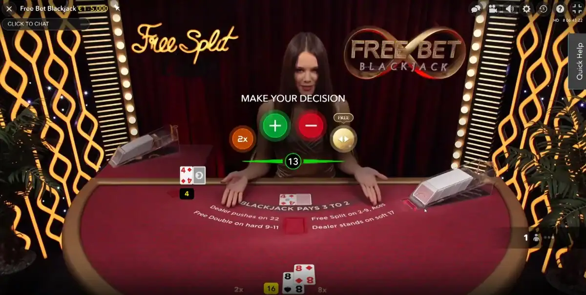 Table du Quantum Blackjack Plus par Playtech avec les side bets Player's Pair et 21+3 sur fond bleu foncé.