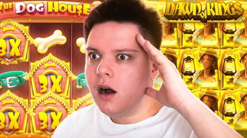 VitaPvPey avec une expression de surprise devant les machines à sous The Dog House et Dawn of Kings avec des multiplicateurs 3x.