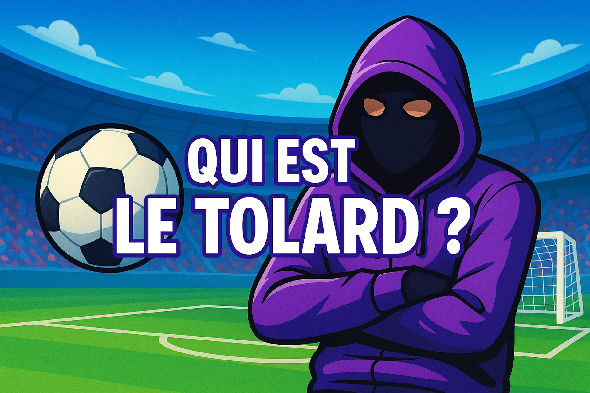 Illustration d’un parieur masqué dans un stade de football, représentant Le Tolard, célèbre tipster en France. Visuel créé pour Casinotan
