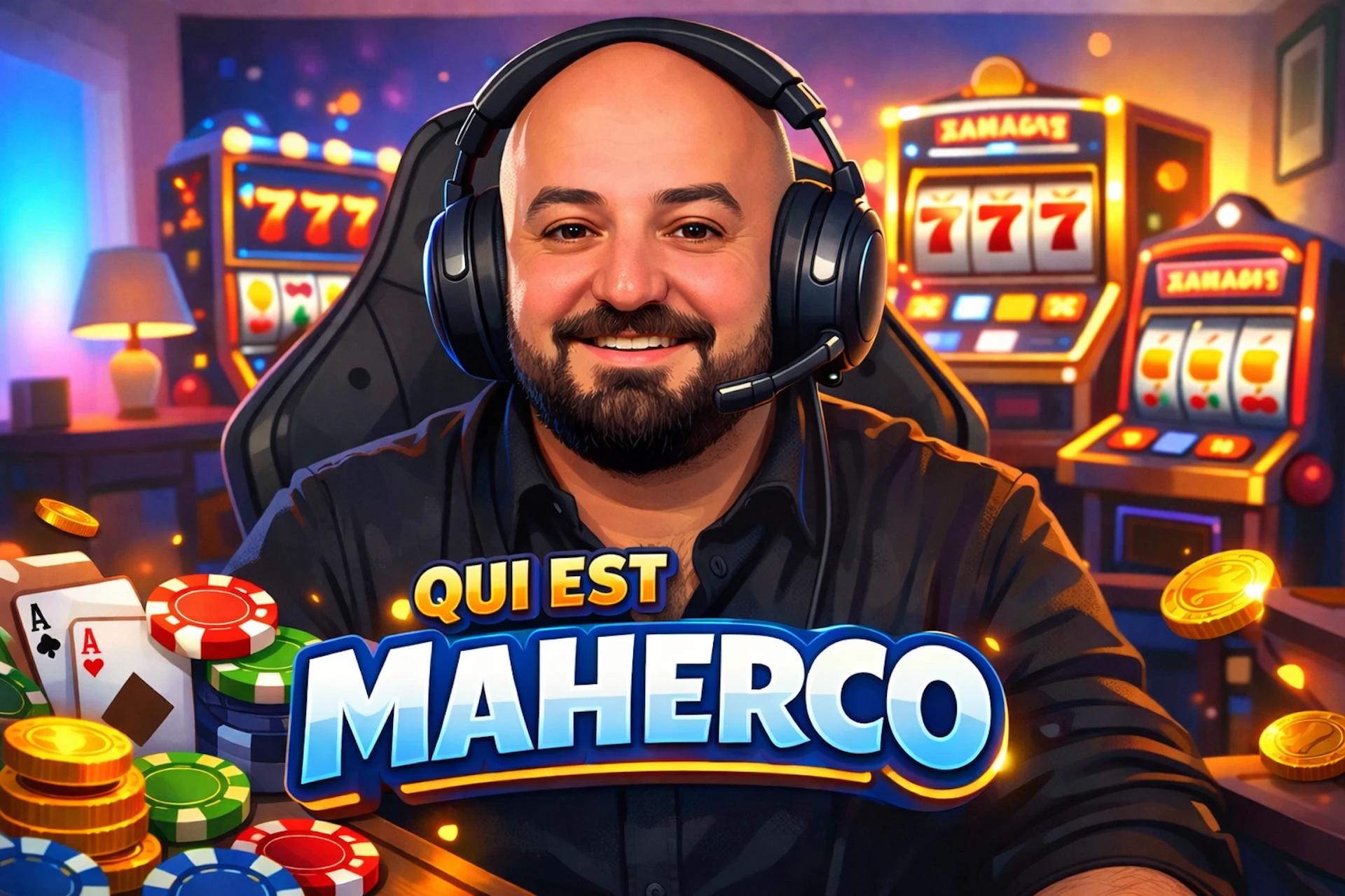 Illustration cartoon de Maherco en streamer casino avec casque et fond de machines &agrave; sous, texte &ldquo;Qui est Maherco&rdquo;