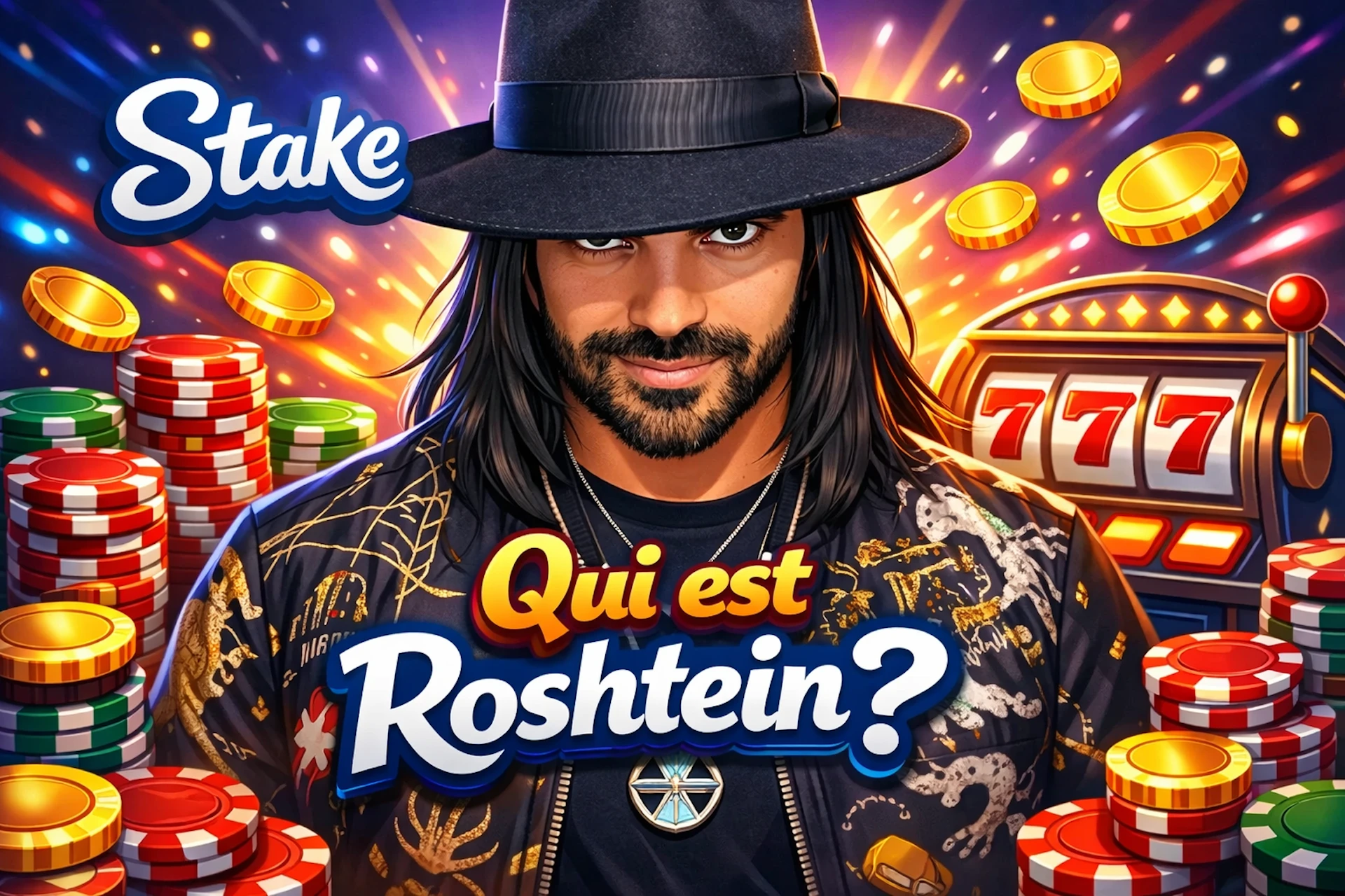 Illustration cartoon de Roshtein avec logo Stake, machine à sous 777, jetons et pièces de casino, fond néon coloré et texte "Qui est Roshtein ?"