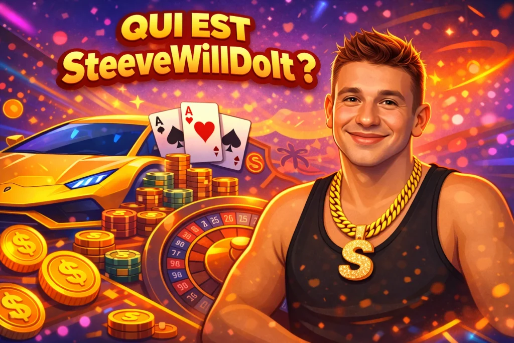 Illustration cartoon de SteveWillDoIt souriant avec une chaîne en or, entouré de pièces, cartes de casino, roulette et voiture de luxe, image représentant son univers lié au casino en ligne et au lifestyle gambling.