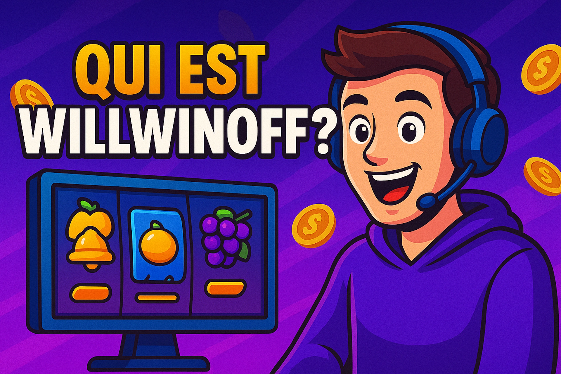 Illustration d’un streamer de casino souriant avec casque et écran affichant une machine à sous. Visuel pour un article de Casinotan sur le streamer casino Willwinoff