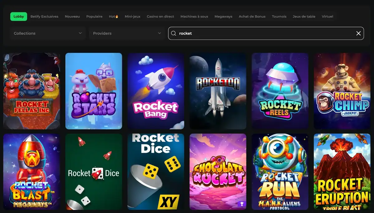Le lobby de Betify Casino après une recherche rocket, avec le jeu de la fusée Rocketon à côté de Rocket Bang et Rocket Dice XY.