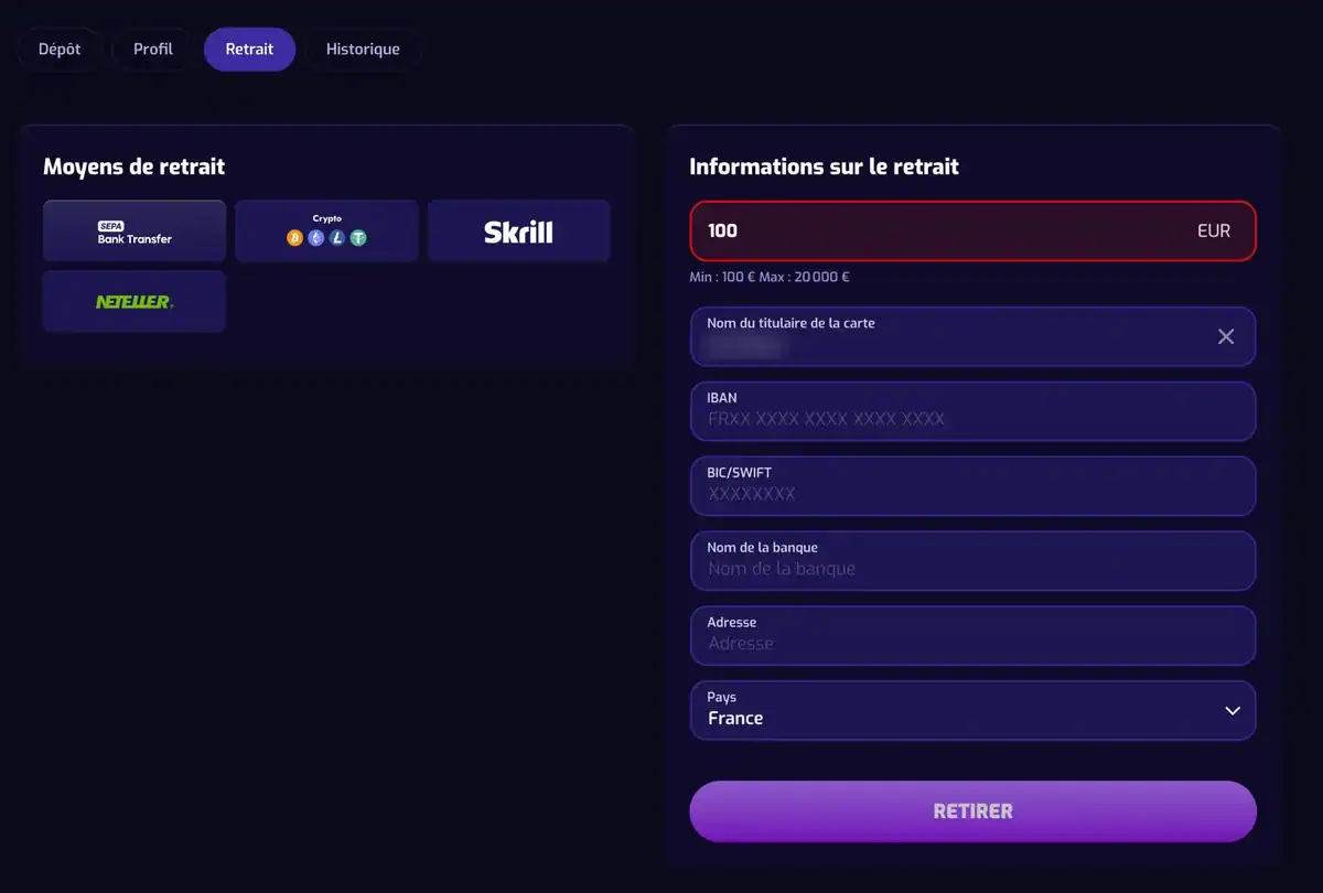 Le formulaire de retrait trixino casino par virement bancaire sepa avec un minimum 100 € retrait.