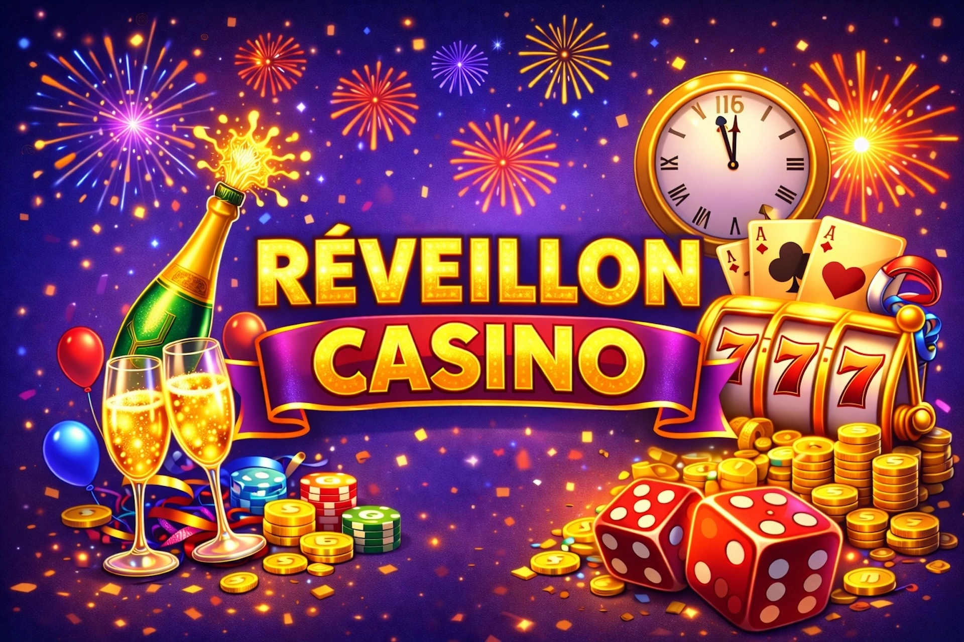 Image de mise en avant pour l’article Réveillon Casino dans un style cartoon épuré, avec pendule dorée à minuit, machine à sous, dés, champagne et texte central brillant sur fond de feux d’artifice pour Casinotan