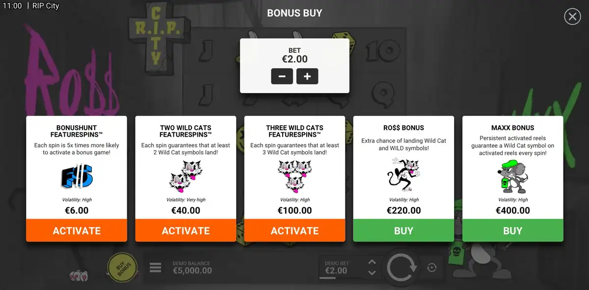 &Eacute;cran Bonus Buy de la machine &agrave; sous RIP City de Nolimit City avec les 5 options d'achat et leurs prix.