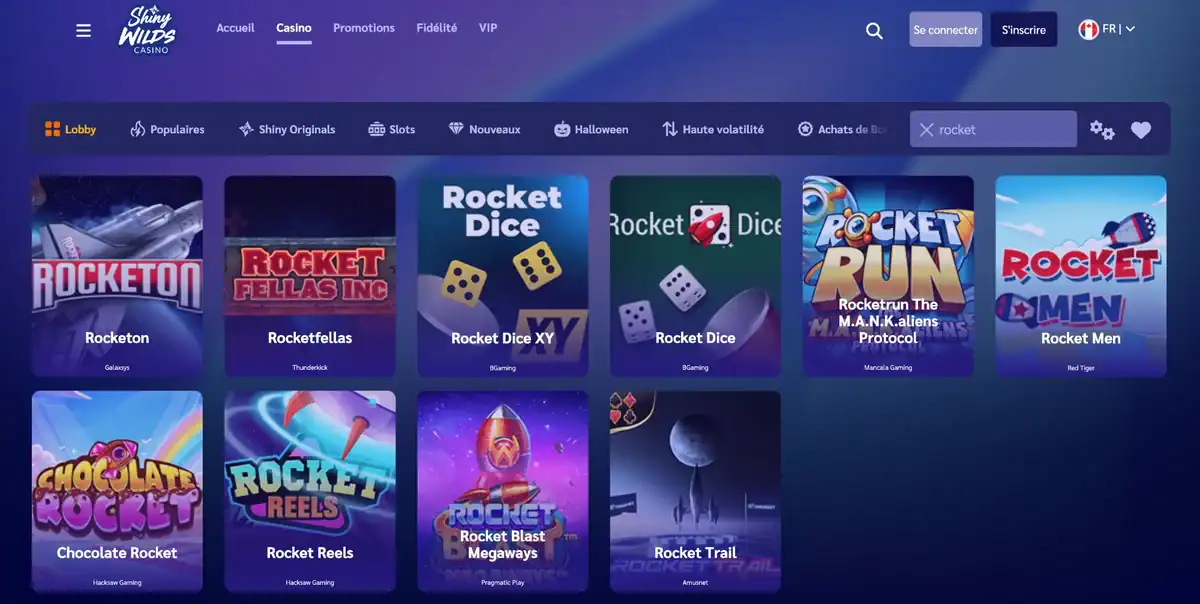 Recherche rocket sur Shiny Wilds Casino avec le jeu de la fusée Rocketon de Galaxsys en tête des 10 résultats.