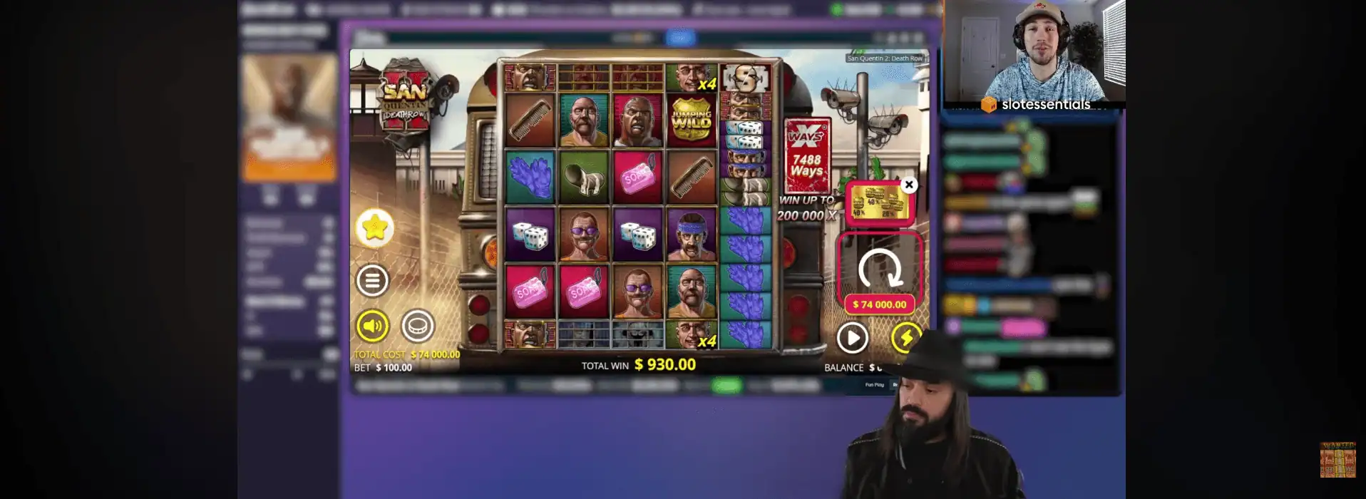 Roshtein en stream sur la machine à sous San Quentin 2 Death Row, avec un gain de 930 dollars et une mise de 100 dollars par tour.