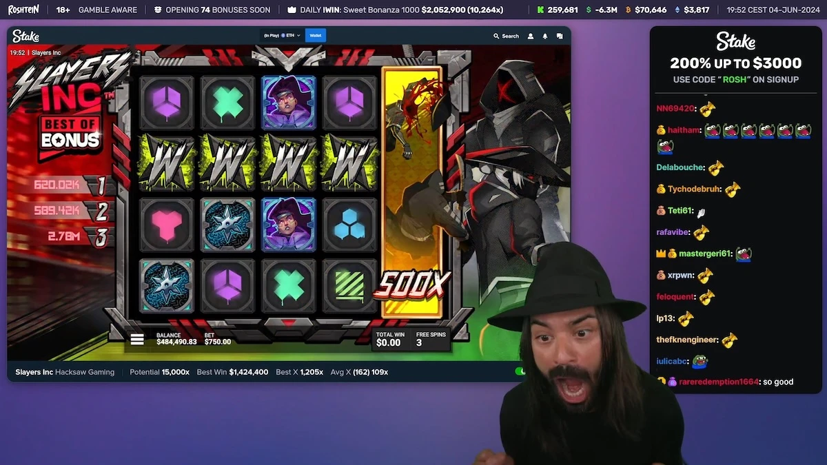 "Roshtein en live sur Stake jouant une machine à sous avec une mise élevée et réagissant à un gros multiplicateur