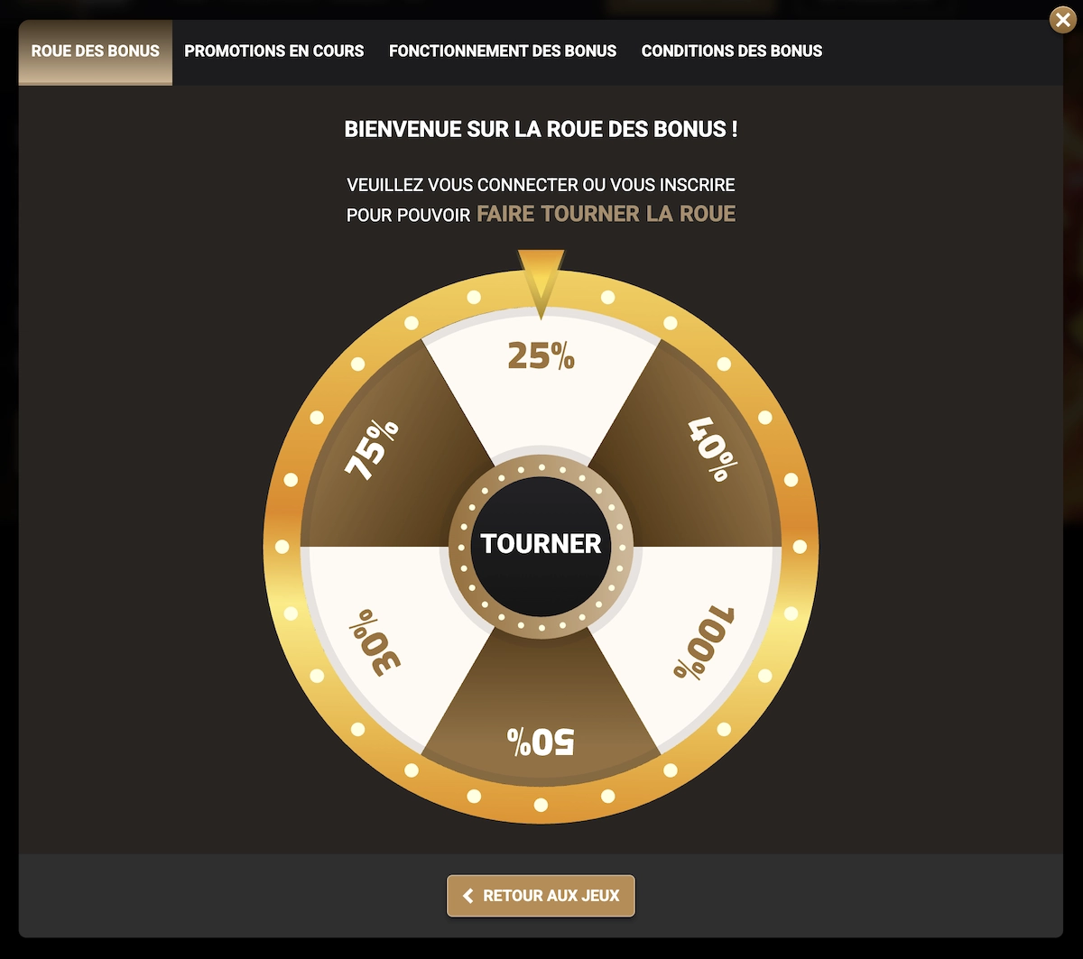 Roue des bonus Megawin Casino affichant les pourcentages de bonus al&eacute;atoires disponibles chaque semaine