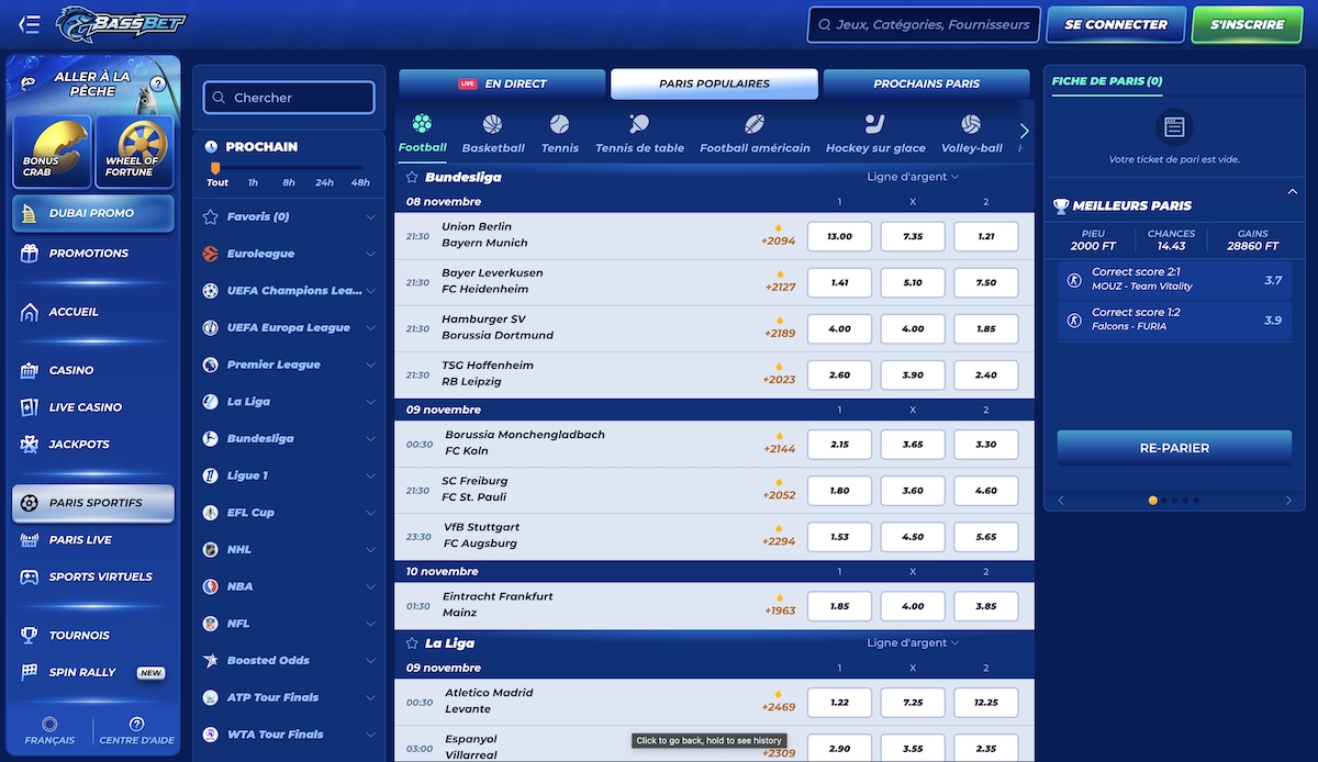 Section paris sportifs de BassBet Casino montrant les matchs &agrave; venir de football et les cotes en direct