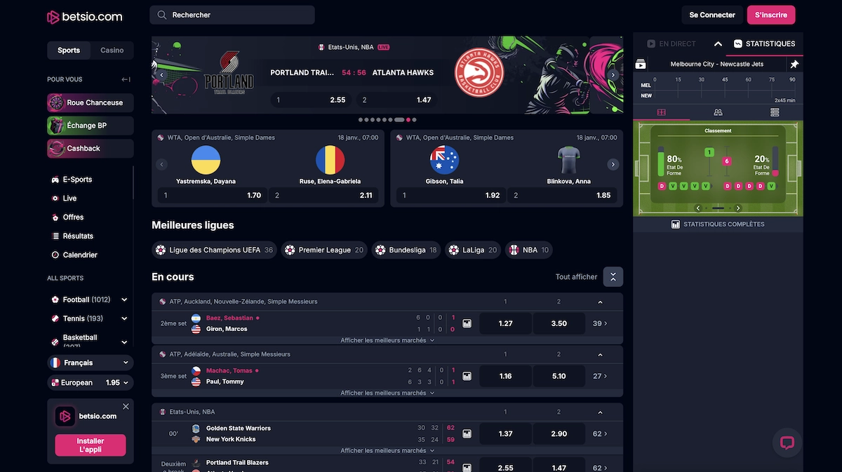 Interface des paris sportifs sur Betsio Casino avec matchs en direct, cotes affichées et statistiques détaillées à droite