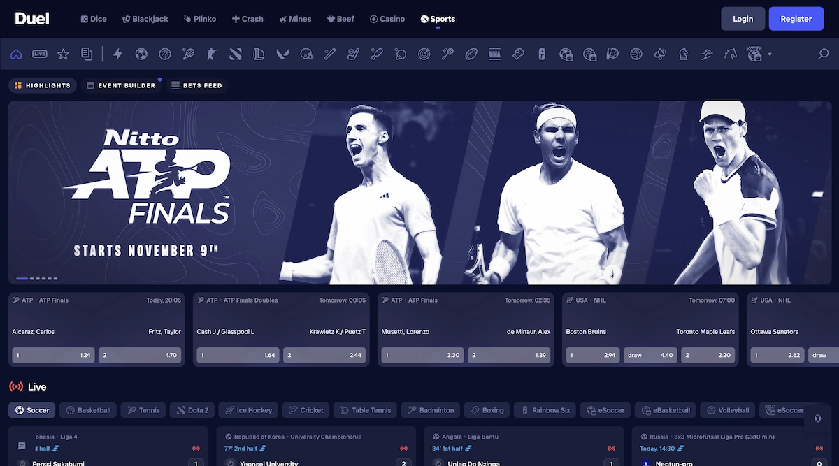 Page des paris sportifs de Duel.com avec affichage des matchs de tennis ATP et options de mise en direct