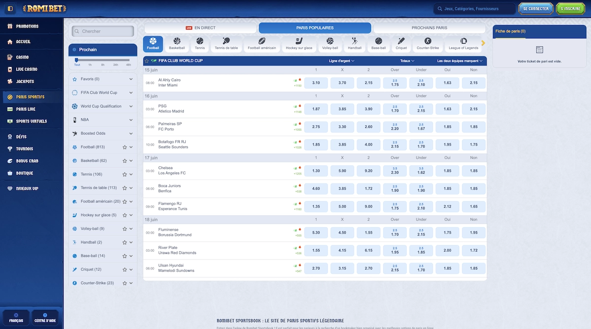 section des paris sportifs et esport de Romibet Casino