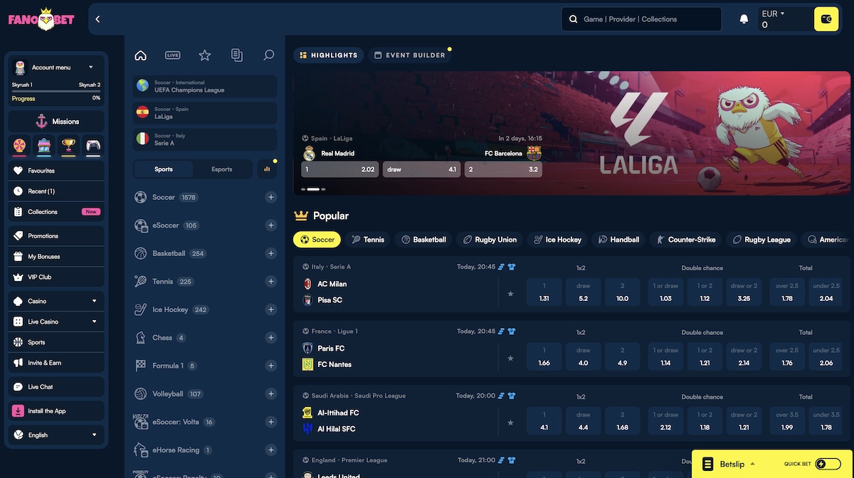 Interface des paris sportifs Fanobet Casino avec cotes en direct et paris sur le football, tennis et e-sport