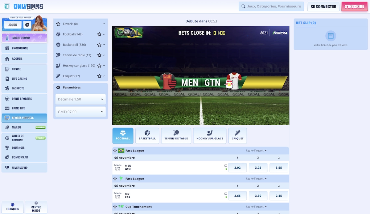 Section des paris sportifs sur OnlySpins Casino avec matchs de football, cotes et options de paris