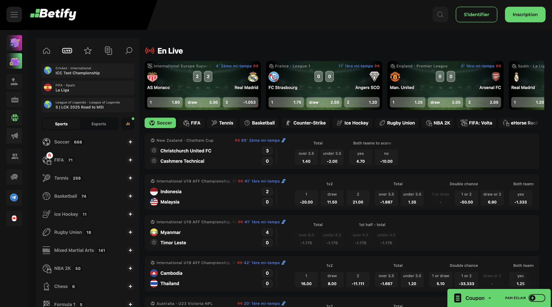 section sur les paris sportifs et e-sport du casino en ligne Betify