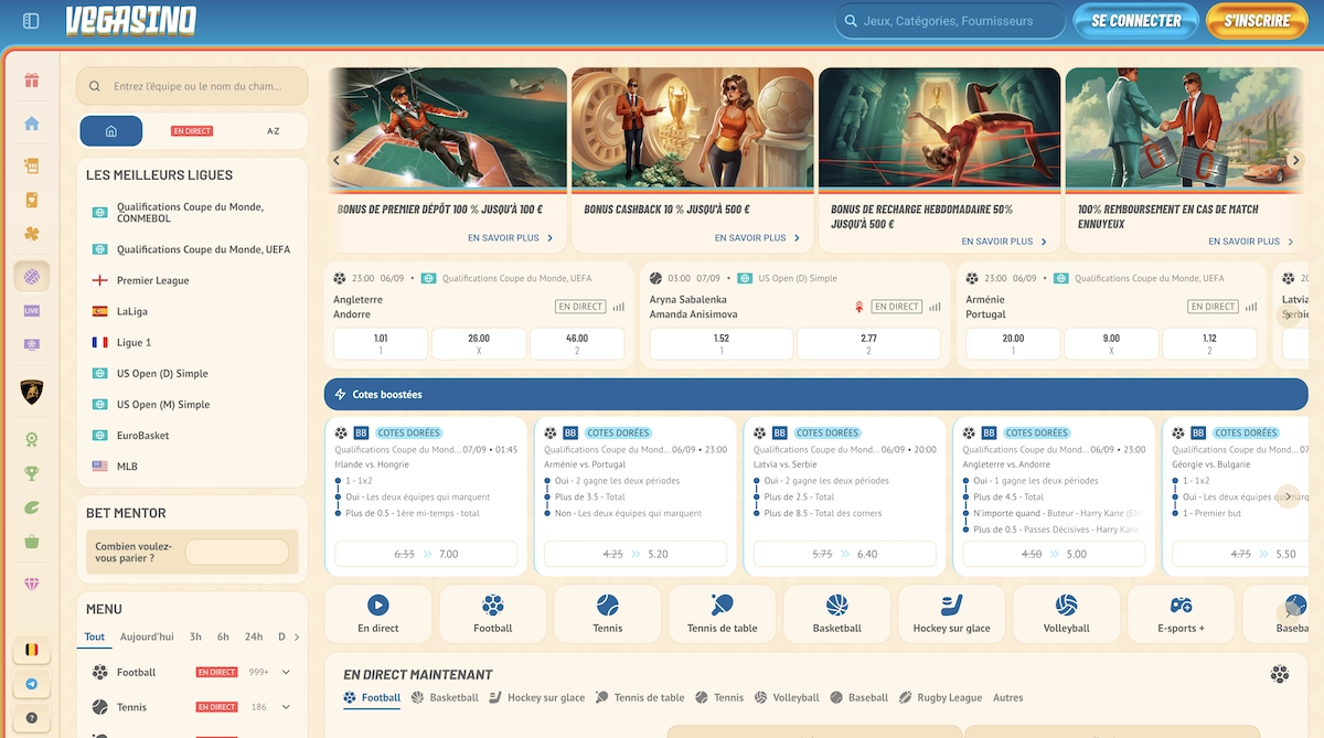Section paris sportifs sur Vegasino Casino avec cotes et &eacute;v&eacute;nements en direct