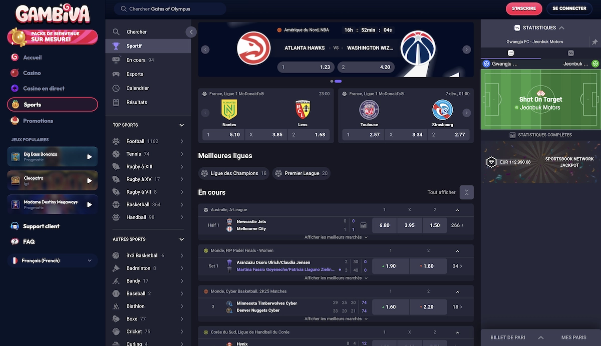 Capture d&rsquo;&eacute;cran de la section paris sportifs de Gambiva Casino montrant l&rsquo;interface de paris en direct avec des matchs de football, de basketball et de tennis, ainsi que les cotes, les statistiques et les ligues disponibles comme la Ligue 1 et la NBA