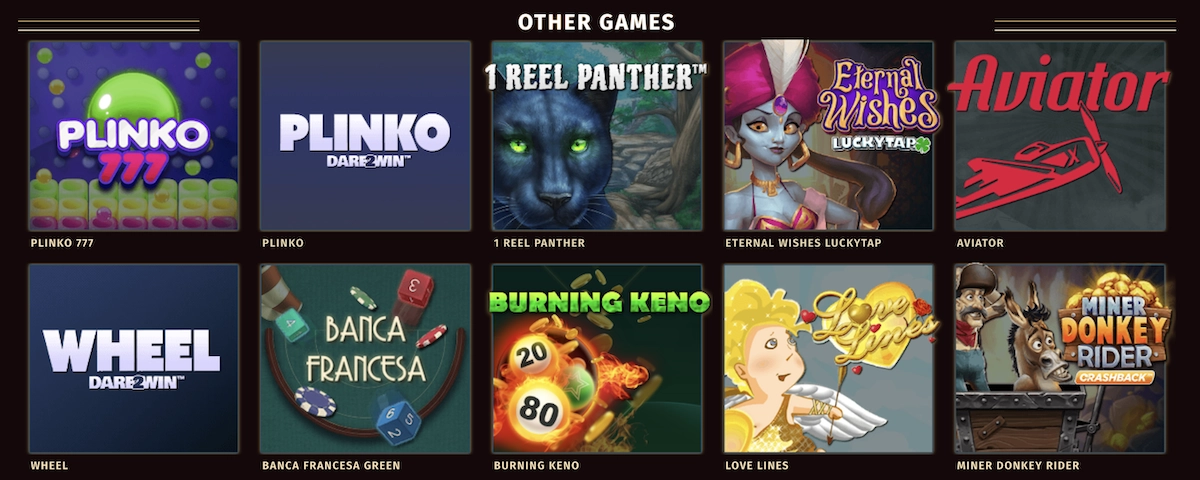 S&eacute;lection des autres jeux et mini-jeux de Tropezia Palace incluant Plinko, Aviator, Burning Keno et Miner Donkey Rider