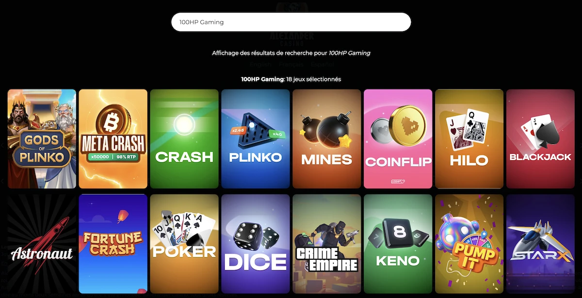 selection de jeux 100HP Gaming sur le casino en ligne Alexander Casino