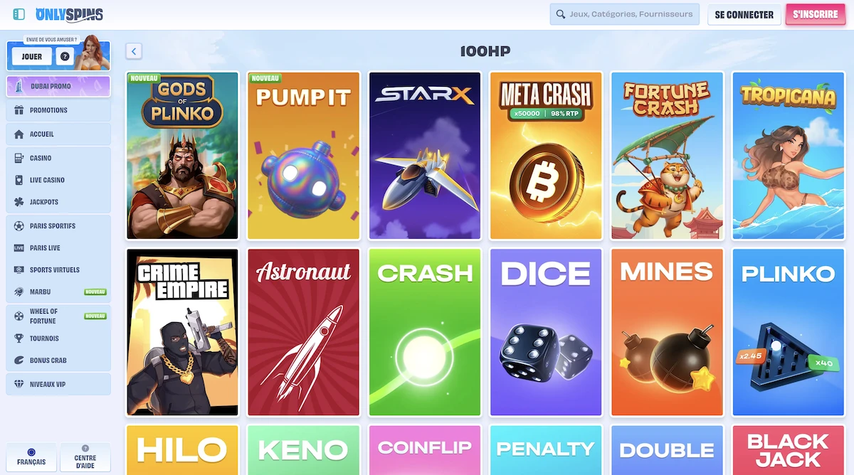 selection de jeux 100HP Gaming sur le casino en ligne OnlySpins