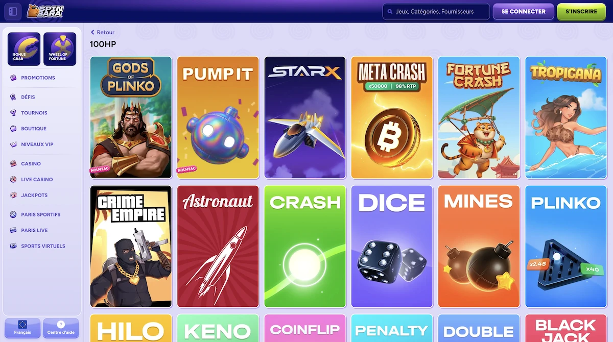 selection de jeux 100HP Gaming sur le casino en ligne Spinbara