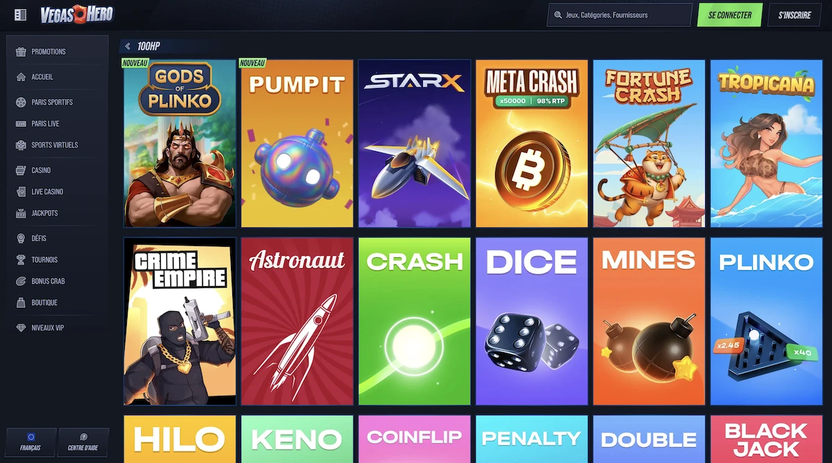 selection de jeux 100HP Gaming sur le casino en ligne Vegas Hero
