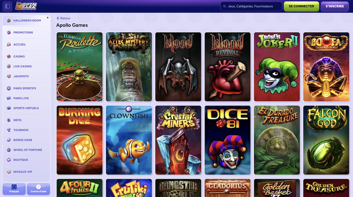 jeux du studio Apollo sur le casino Spinbara