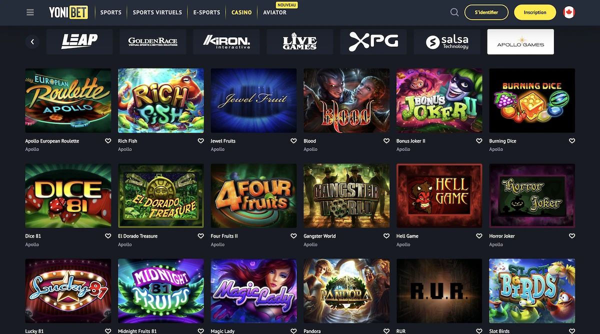jeux du studio Apollo sur le casino Yonibet