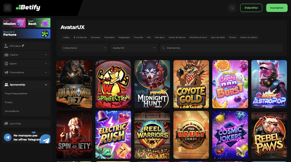 Selection de jeux AvatarUX sur le casino en ligne Betify