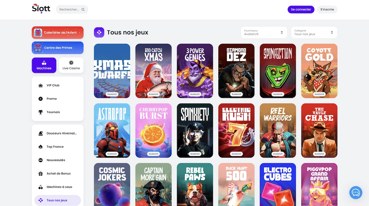 Selection de jeux AvatarUX sur le casino en ligne Slott Casino