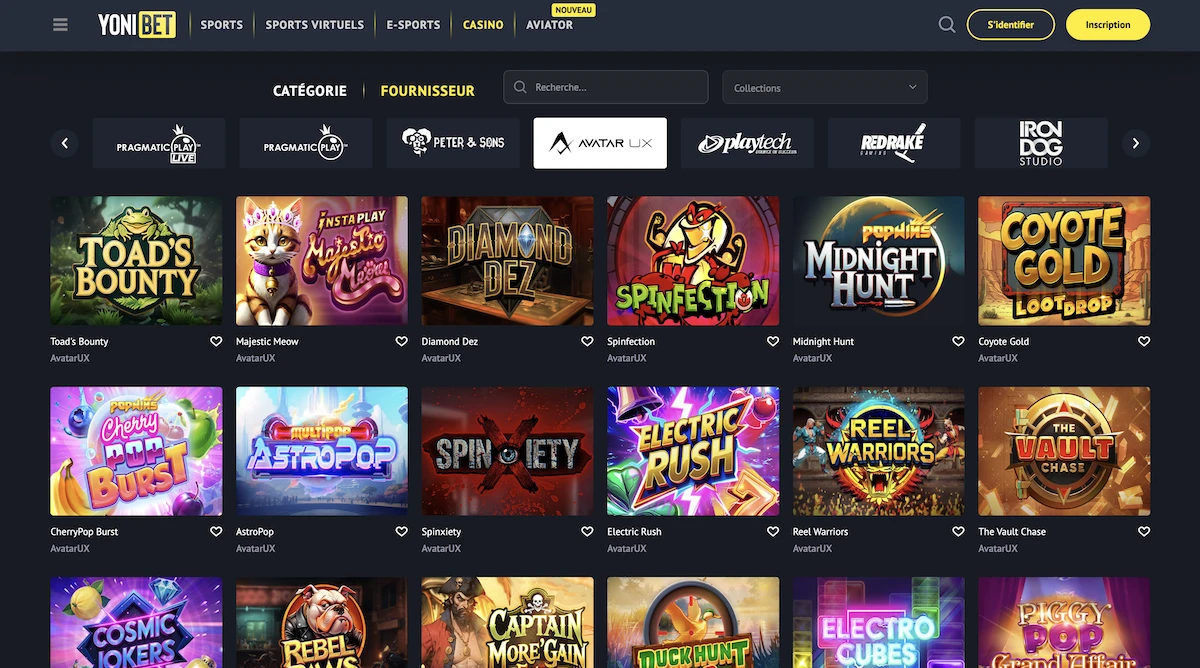 Selection de jeux AvatarUX sur le casino en ligne Yonibet